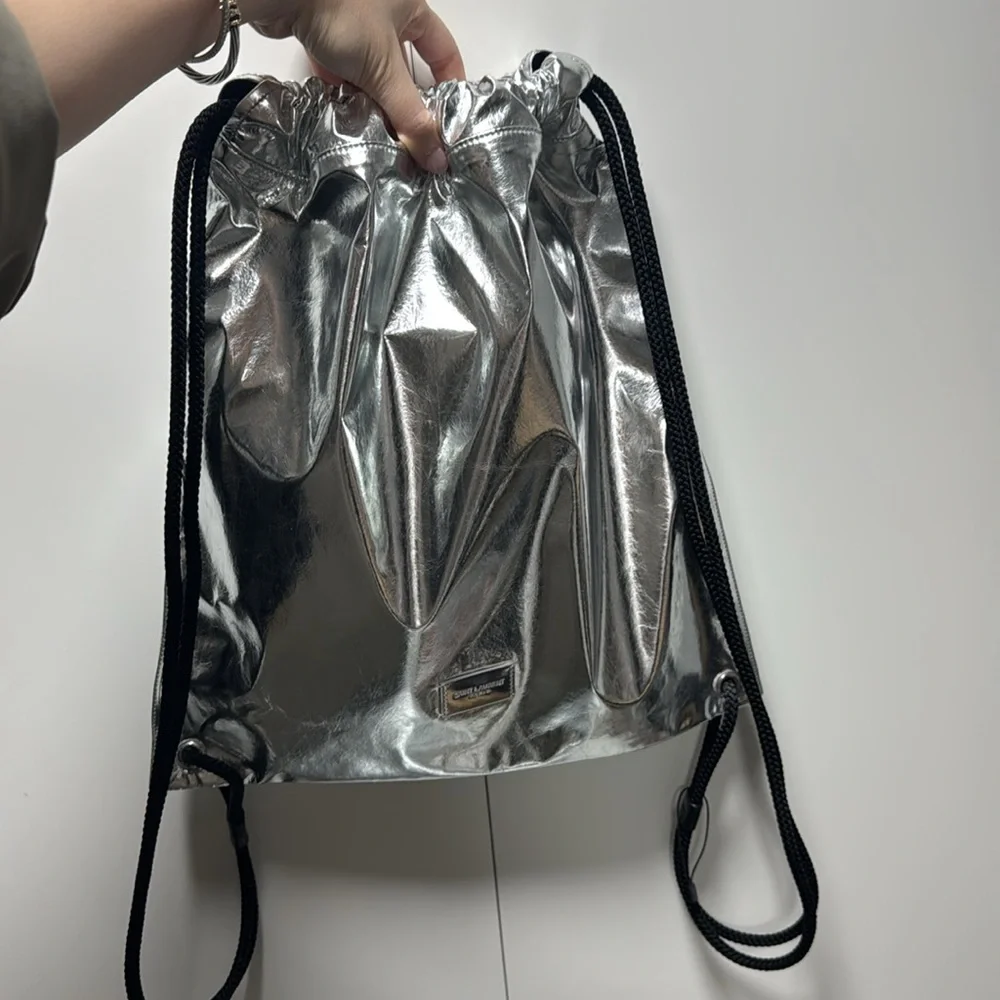 Saint Laurent Metallic Silver Drawstring Backpack